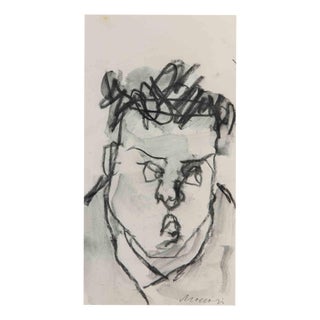 Mino Maccari, Portrait Drawing, Charcoal and Watercolor, 1960s For Sale