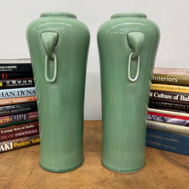 Celadon Ceramic Vases with Elegant Ring Handles - A Pair For Sale In New York - Image 6 of 8