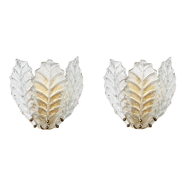 1970s Taormina, Elegant Murano Wall Light Transparent Leaves - Set of 2 For Sale