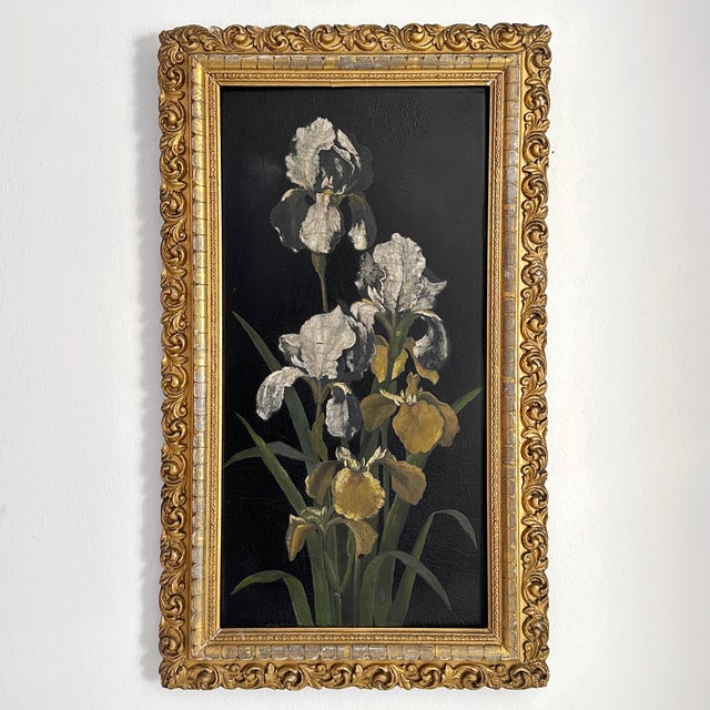 White Mid 20th Century Original Oil on Wood Board Iris Framed Painting For Sale - Image 8 of 11