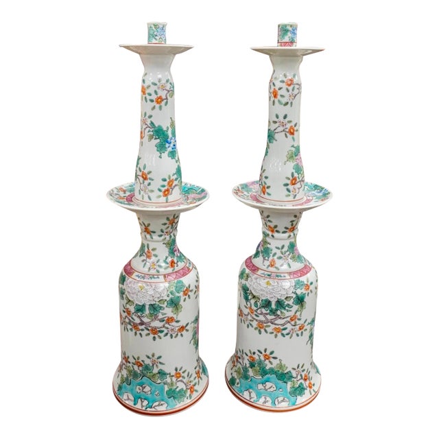 Pair of 24 Inches Chinese Famille Rose Porcelain Candlesticks For Sale
