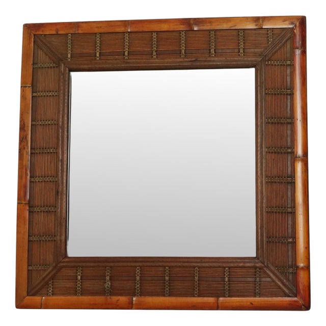 Vintage Square Bamboo and Rattan Mirror, 1960s For Sale