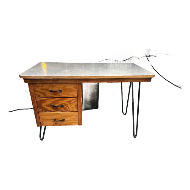Vintage Petite Wooden Desk With Iron Legs For Sale