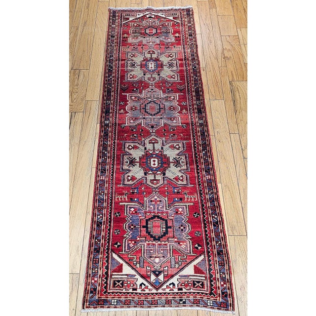 Vintage Persian Heriz Runner, Hand-Knotted Wool, Geometric Pattern, Red & Green, 3x10 For Sale - Image 15 of 18