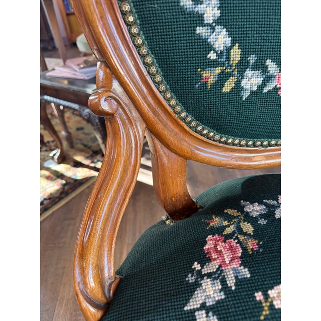 Dark Green Mid 20th Century Pair of Needlepoint Upholstered Victorian Renaissance Revival Parlor Chairs. For Sale - Image 8 of 8