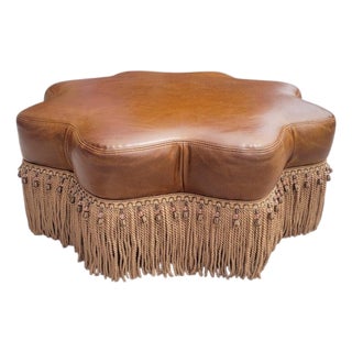 Vintage Genuine Leather Large Ralph Lauren Style Scalloped Camel Ottoman With Bullion Fringe For Sale