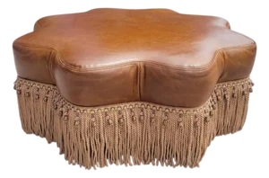 Vintage Genuine Leather Large Ralph Lauren Style Scalloped Camel Ottoman With Bullion Fringe