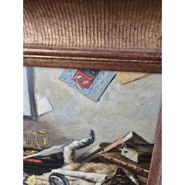 Antique Signed Painting Trompe l'Oeil Mischievous Cat For Sale In Boston - Image 6 of 9