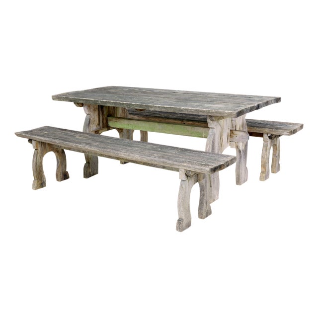 Mid-Century Modern Pine Horseshoe Garden Table and Benches, 1960, Set of 3 For Sale