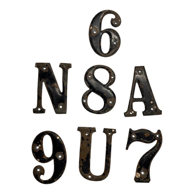 Vintage French Metal Letters and Numbers Set/7 For Sale