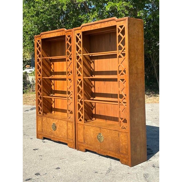 Thomasville Vintage Boho Thomasville Burl Fretwork Etagere - A Pair For Sale - Image 4 of 12