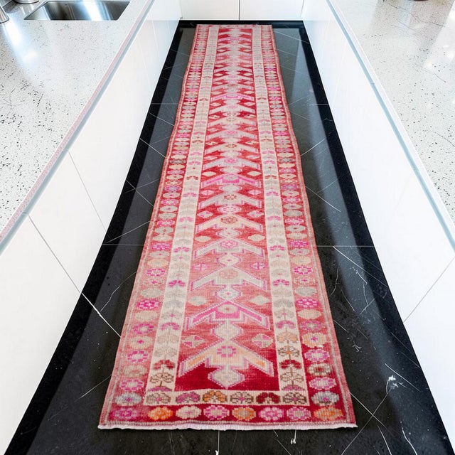 Mid-Century Modern Extra Long Runner Rug Hand-Knotted Natural Wool Vintage Turkish Rug Hallway Kicthen Decor 2'5"x 14'6" For Sale - Image 3 of 15