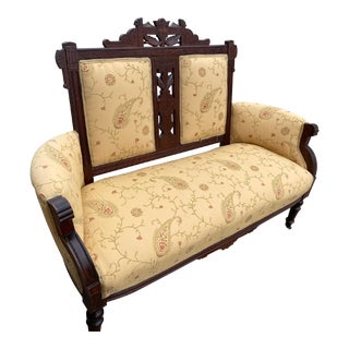 Late 19th Century Eastlake Settee Loveseat Burled Walnut Hand Carved Professionally Restored For Sale