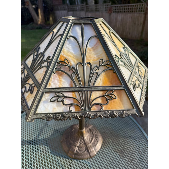 Metal Early 20th Century American Art Nouveau Caramel Slag Glass Lamp For Sale - Image 7 of 18