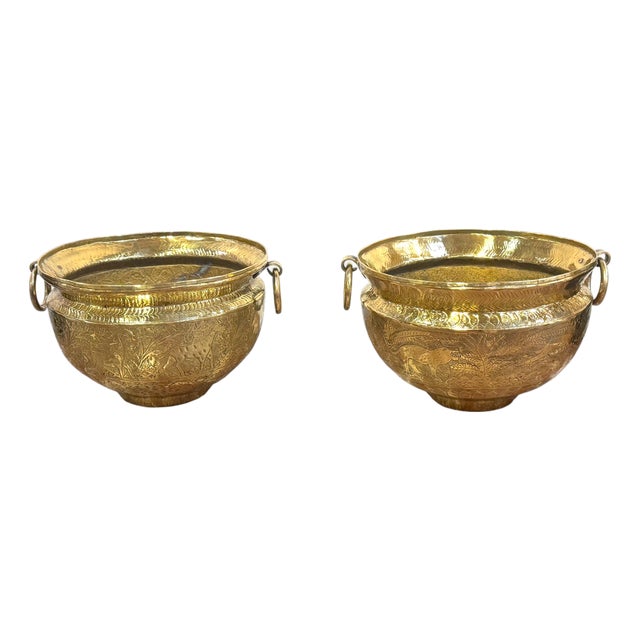 Pair of Anglo-Indian Engraved Brass Jardinieres with Exotic Animal Motifs For Sale
