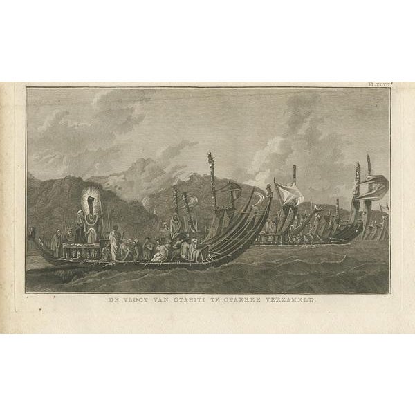 Antique print titled 'The Fleet of Otahiti collected at Oparree'. This print depicts the fleet of Proas of Tahiti....