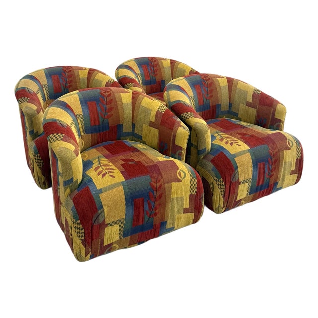Vintage Postmodern Geometric Upholstered Swivel Chairs – Set of 4 For Sale