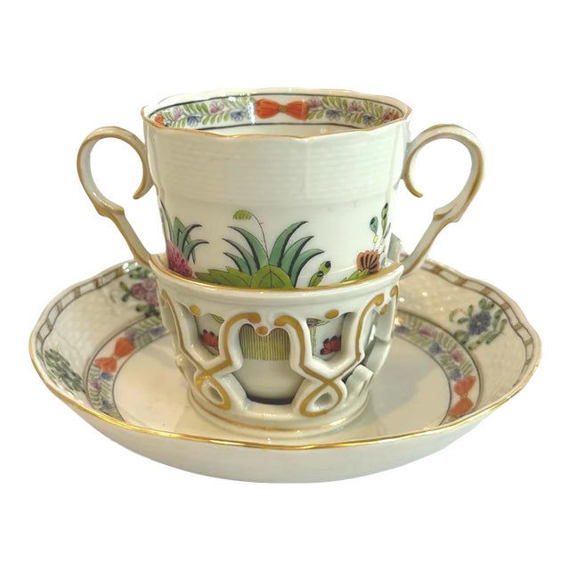 1940s Herend Trembleuse Cup and Saucer in Indian Basket Pattern- 2 Pieces For Sale