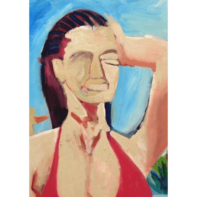 Contemporary Figurative Abstract, Woman with Red Top Modernist painting of red headed woman in a red bikini by Michael...