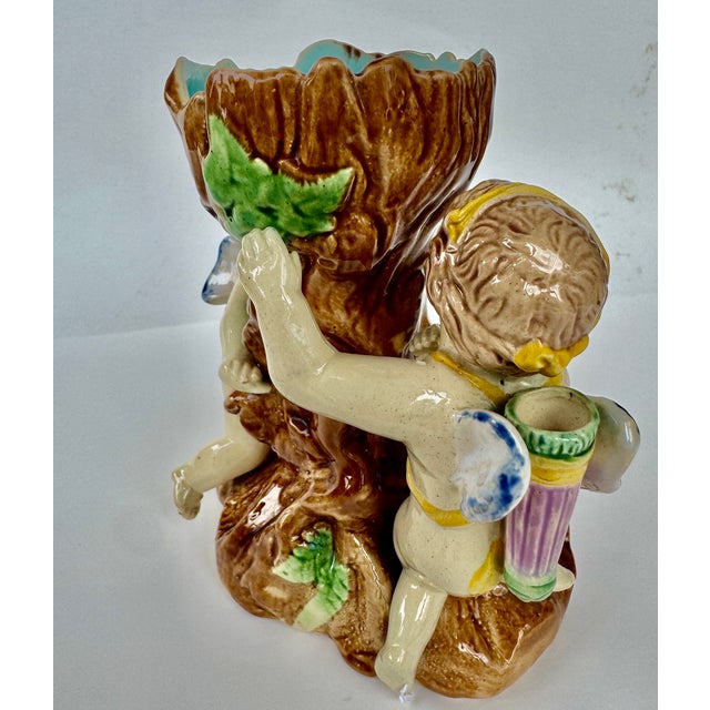 English Majolica Putti Spill Vase, Faux Bois, 19th Century For Sale - Image 10 of 14