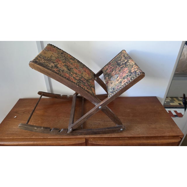 Vintage French Floral Folding Footstool, Upholstered Rocking Footrest, 3 Position Wooden Stool, Tapestry Fabric Living Room Decor For Sale - Image 6 of 14