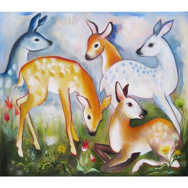 Forest Fawns by Zoa Ace | Oil on canvas featuring four colorful fawns in a grassy field For Sale