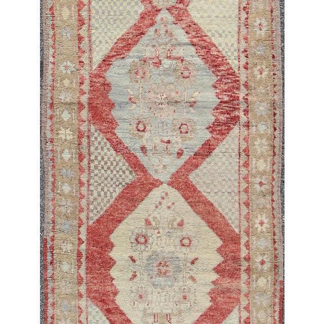 Vintage Turkish Oushak Medallion Runner in Soft Red, Lt. Blue, Cream For Sale - Image 4 of 7