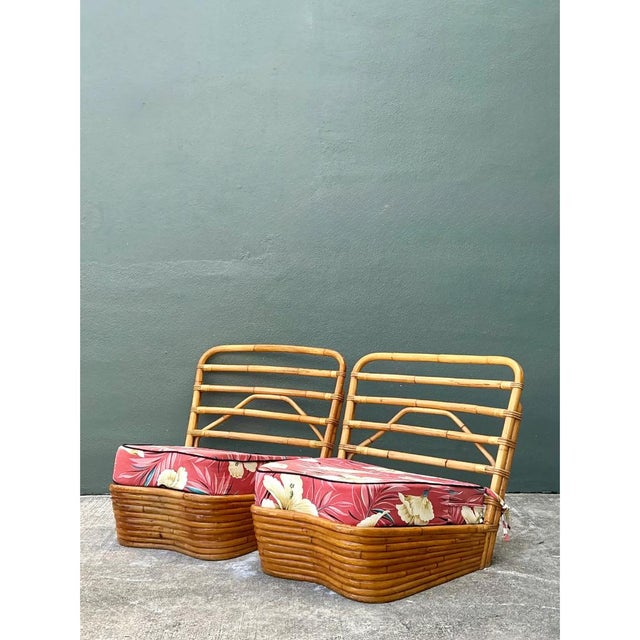 Camel Vintage Stacked Wave Rattan Slipper Chairs After Paul Frankl For Sale - Image 8 of 13