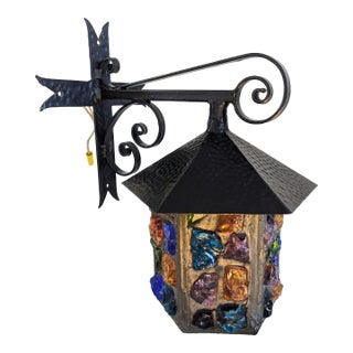 Vintage Peter Marsh Chunk Glass Wall Lantern – Arts & Crafts Style – Multicolor Glass For Sale