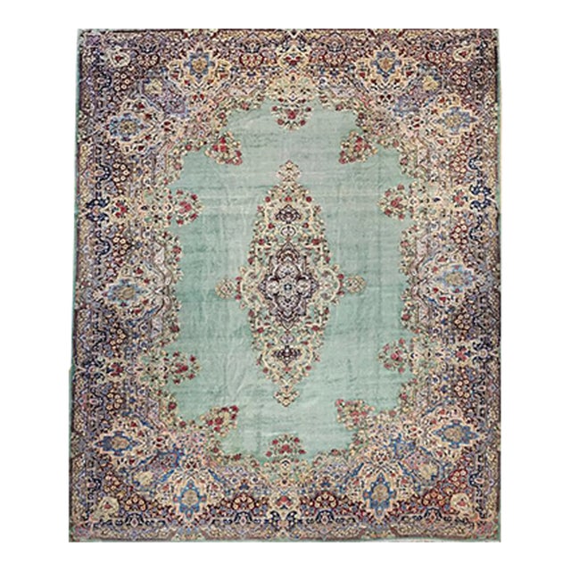 Vintage Oversize Persian Kerman in Floral Pattern in Pale Green, Red, Blue, Pink For Sale