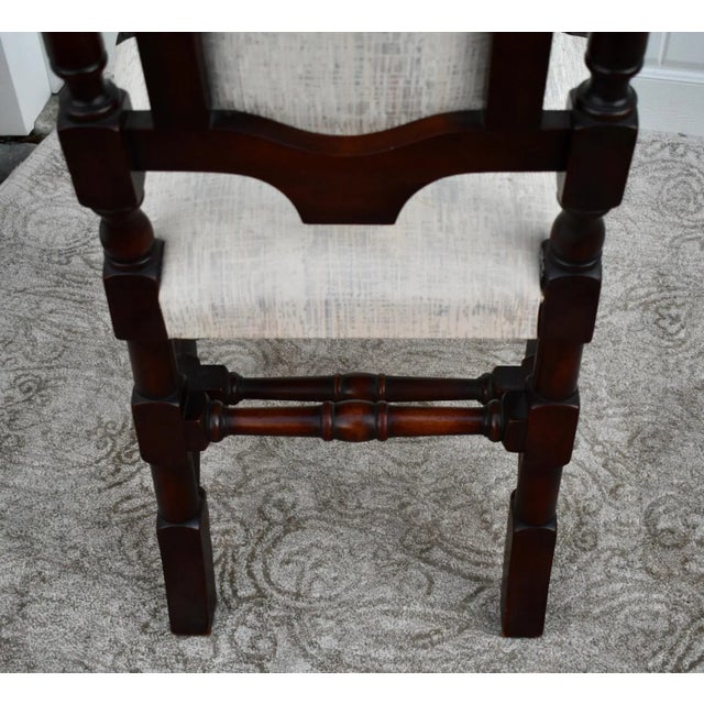 Walnut Accent Chair Carved High Back Jacobean Style William & Mary Stretcher 80s For Sale - Image 9 of 12