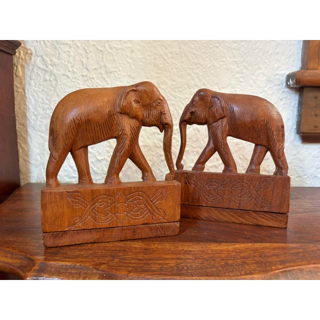 Brown Vintage Wooden Carved Elephant Bookend Pair For Sale - Image 8 of 8