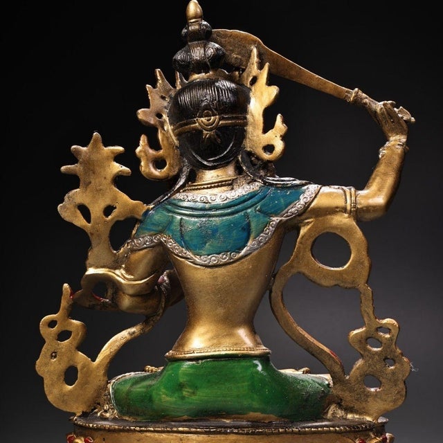Late 20th Century Gilt Bronze Manjushri Statue Bodhisattva Sword Lotus Sculpture 7.9" For Sale - Image 4 of 9