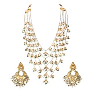 Traditional Kundan 5 Layer Polki Rose Cut Diamond 18 K Bridal Set and Chand Bali For Sale