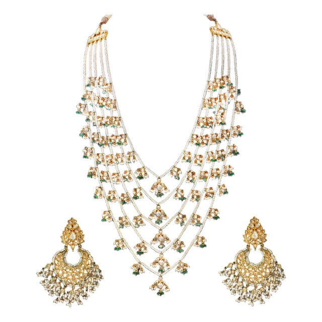 Traditional Kundan 5 Layer Polki Rose Cut Diamond 18 K Bridal Set and Chand Bali For Sale