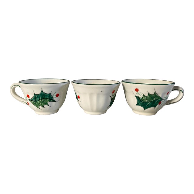 Vintage Hand Painted Italy Mistletoe Tea & Coffee Cups S/3 For Sale