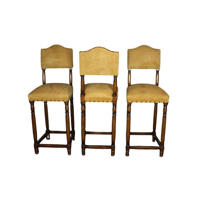 1990s Vintage Suede Barstools With Nail Head Detail - Set of 3 For Sale - Image 5 of 9