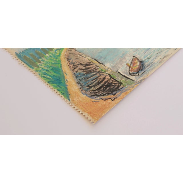 1950s Mid-Century Swedish Folk Art Original Oil Pastel Painting, Canal With a Rowboat and Greenery For Sale - Image 12 of 18