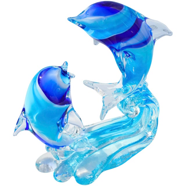Murano Vintage Blue Murano Dolphins-On-Wave Italian Art Glass Sculpture For Sale - Image 4 of 11