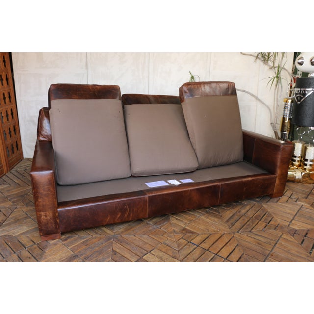 Restoration Hardware Brown Leather Three-Seat Sofa With Patina For Sale - Image 17 of 18