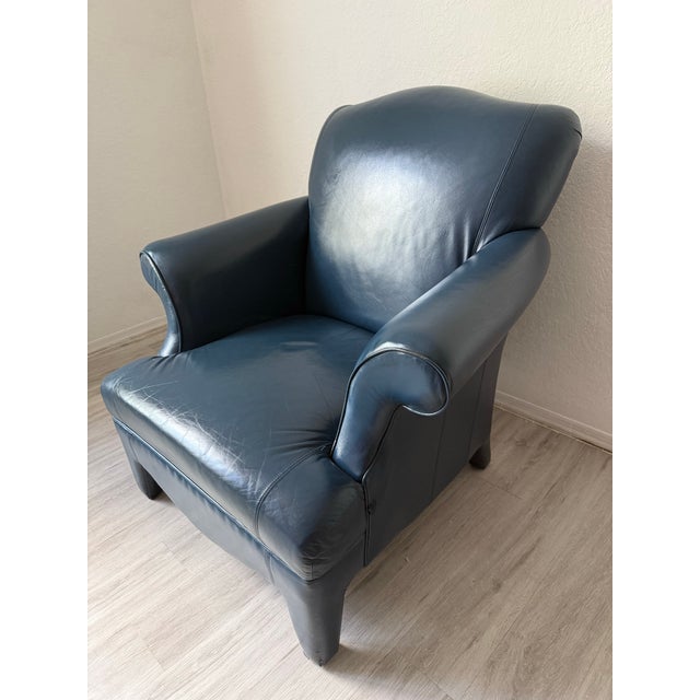 Donghia 1990’s Mid Century Donghia Navy Blue Leather Club Chair For Sale - Image 4 of 9
