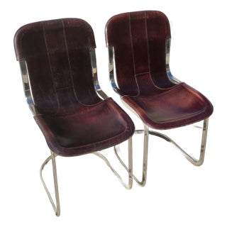 Pair of Willy Rizzo Chrome and Brown Leather Cantilever Chairs- Pair of 2 For Sale