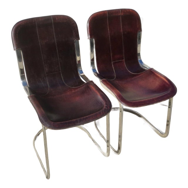 Pair of Willy Rizzo Chrome and Brown Leather Cantilever Chairs- Pair of 2 For Sale