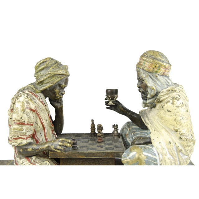 Art Nouveau Late 19th Century Vienna Secession Cold-Painted Bronze Small Sculpture of Two Men Playing Chess by Franz Bergmann/Nam Greb, Austria For Sale - Image 3 of 9