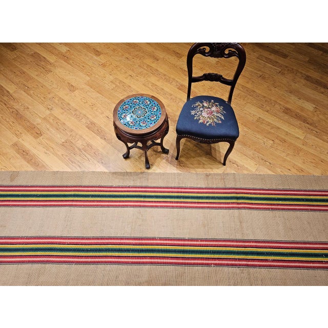 Tan Vintage American Rag Runner, Handwoven Wool & Cotton, Stripe Pattern, 3x18 For Sale - Image 8 of 16