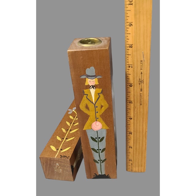 Wood Vintage Pair of Hand Painted Wood Pennsylvania Dutch Figural Floral Candlesticks For Sale - Image 7 of 9