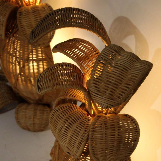 Incredible wicker "pineapple" sconces with two lights, one at the top and one in the pineapple's body. High-quality work,...
