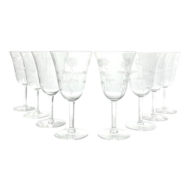 1910s Fostoria “Lotus” Etched Optic Water Glasses - Set of 8 For Sale