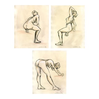 Gallery Figure Sketches on Tea Stained Paper - Set of 3 Original Tasteful Nudes For Sale