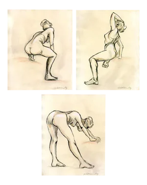 Gallery Figure Sketches on Tea Stained Paper - Set of 3 Original Tasteful Nudes